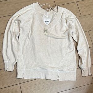 Aerie Light Cream V-Neck Distressed Sweatshirt